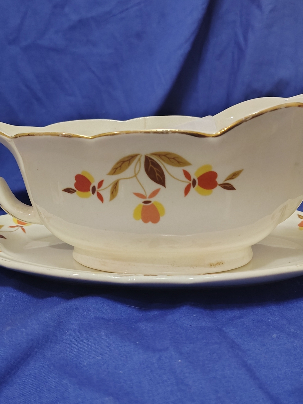 Homer Laughlin Cream Gravy Boat with Red & Yellow Floral Motif and Gold Trim